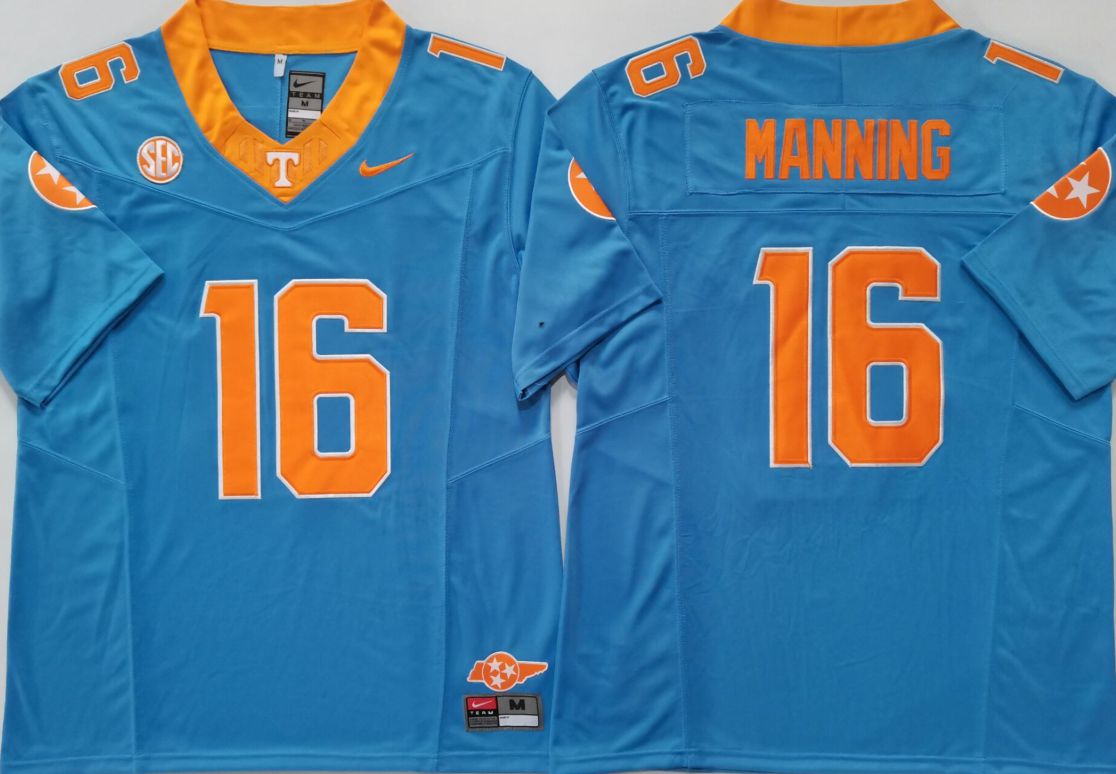 Men Tennessee Volunteers #16 Manning Light Blue Nike 2025 NCAA Jersey